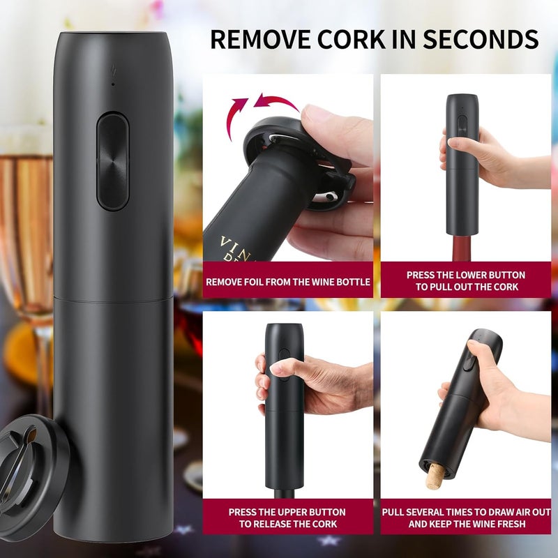 CircleJoy Electric Wine Opener Set 4-in-1 Automatic Corkscrew with Rechargeable Wine Aerator Pourer, Foil Cutter, Vacuum Wine Stopper | Premium Gift Box for Wine Lovers, Black - Image 3
